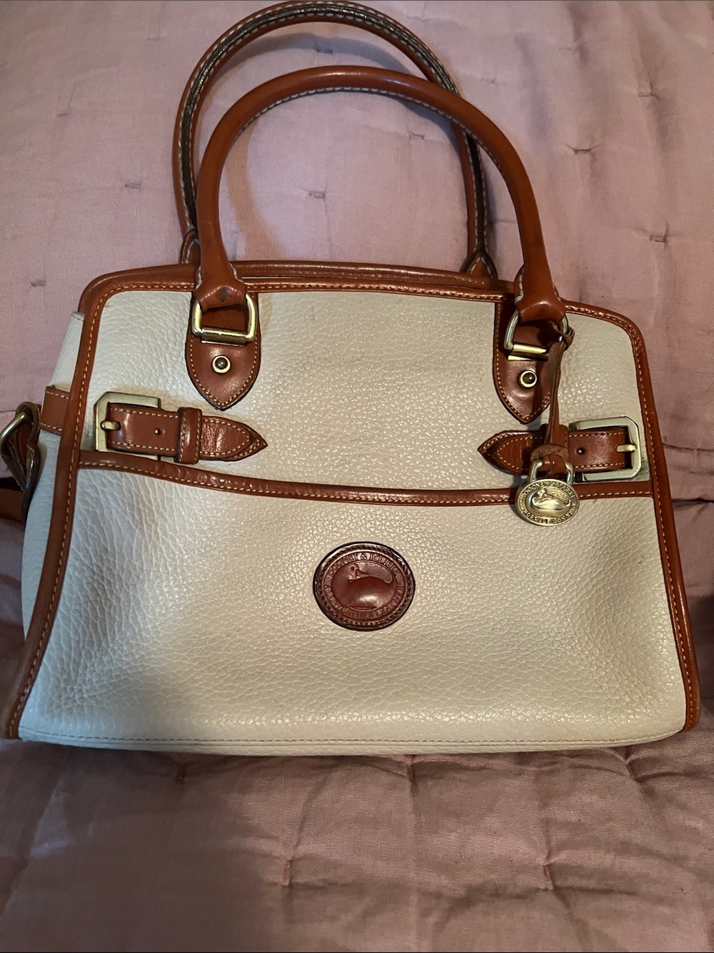 Dooney & Bourke Cream Pebbled Leather Satchel with Brown Trim
